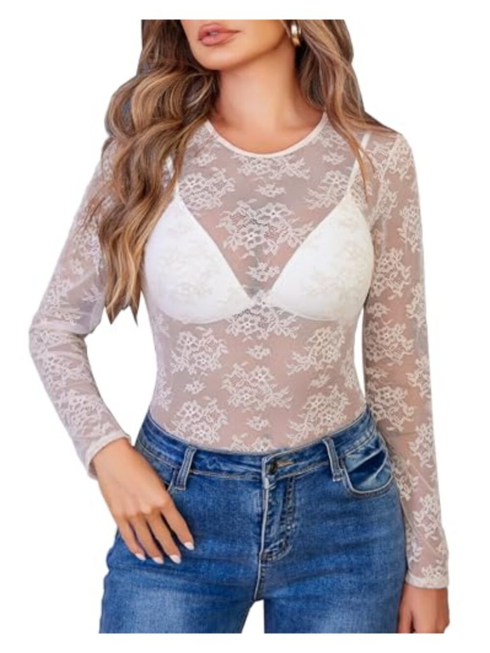Lace Mesh Top Long Sleeve Crew Neck Sheer Blouse See Through Floral